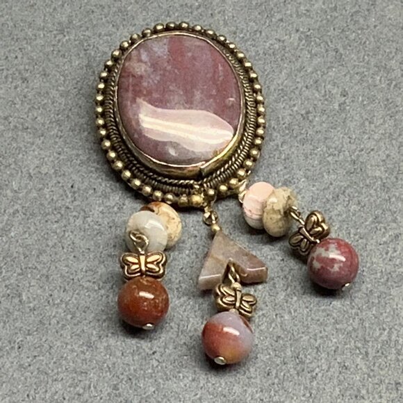 Butterfly Bead Dangle Brooch 3 In Marbled Purple Pin Gold White Arrow Retro  80s - Picture 1 of 5